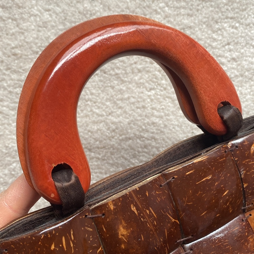 SALE | Handcrafted Coconut Shell Patchwork Handbag Purse Satchel Wooden Handles - Picture 10 of 17